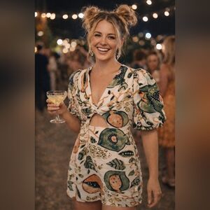 Luxxel NWT Printed Puff Sleeve Cutout Mini Dress Size M Boho Party Statement